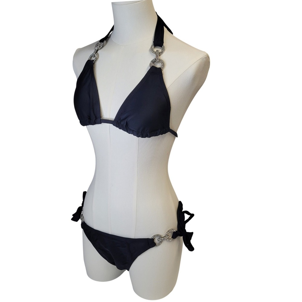 NEW Sexy Black Bling Triangle Bikini Halter Side Tie Classic Swim Fun